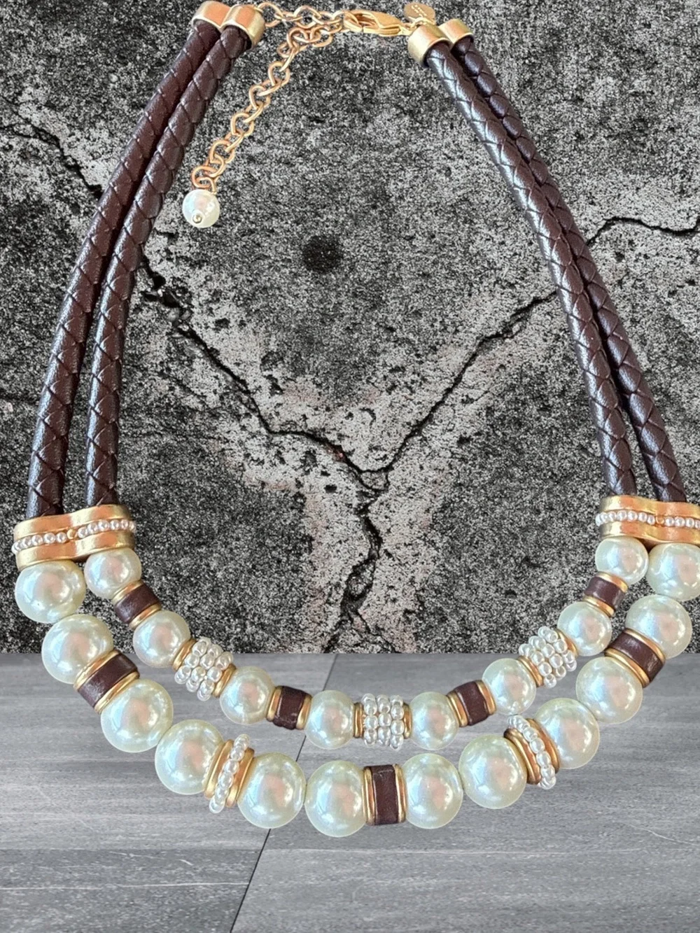 Chico's Brown Braided Leather Necklace with Pearl & Gold Accents